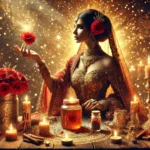 mujer realizando el ritual de amarre de amor. La escena está impregnada de una energía espiritual impresionante y una atmósfera radiante.