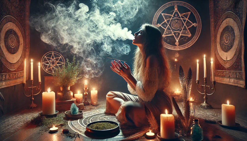 imagen que representa a una mujer realizando un ritual espiritual con tabaco, exhalando humo en un ambiente místico rodeado de velas, símbolos esotéricos y elementos rituales.
