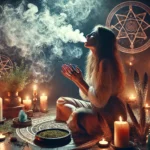imagen que representa a una mujer realizando un ritual espiritual con tabaco, exhalando humo en un ambiente místico rodeado de velas, símbolos esotéricos y elementos rituales.