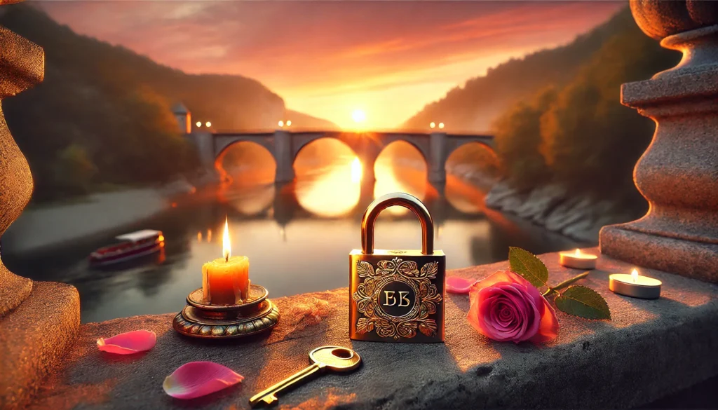 imagen en un contexto diferente: un ritual romántico en un puente con un candado dorado, pétalos de rosa y una atmósfera mágica al atardecer.