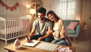 imagen que representa a unos padres primerizos imaginando nombres para su futura hija en un ambiente cálido y lleno de anticipación.