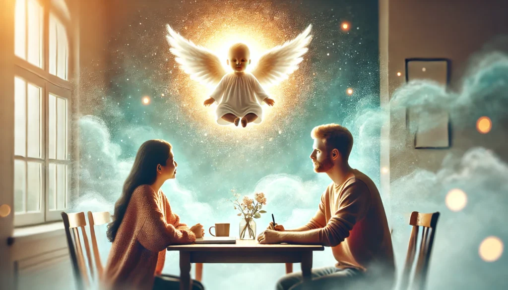 Aquí tienes una representación de un ángel infantil observando a sus padres mientras deciden el nombre para su futuro bebé, en un ambiente cálido y lleno de amor.