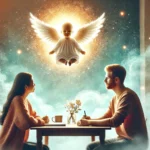 Aquí tienes una representación de un ángel infantil observando a sus padres mientras deciden el nombre para su futuro bebé, en un ambiente cálido y lleno de amor.