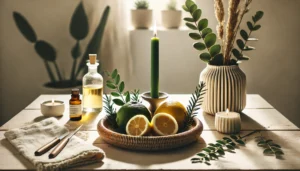 un altar espiritual con limones, arroz y laurel, en un ambiente minimalista y luminoso.