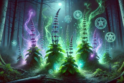 Aquí tienes una representación visual de los poderes místicos de la salvia, con auras y elementos simbólicos que destacan su energía espiritual.