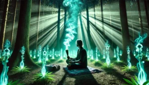 Aquí tienes una imagen que muestra a una persona utilizando la salvia en un ritual espiritual, rodeada de un ambiente místico y natural.